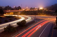 California Highway 24 freeway with on-ramp and off-ramp, Orinda, Contra Costa County, CA, USA, early morning with fog, local road, Camino Pablo, passe...