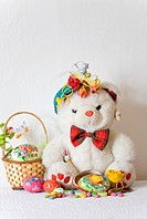 White Teddy Bear with papier mache Easter Egg  Fatso the Bear has a papier mache Easter Egg filled with candies and Easter chick  Marzipan duck  Small...