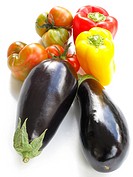 Aubergines, tomatoes and peppers