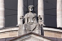 Justitia, Lady Justice, sitting on her throne above the portal of the Hanseatisches Oberlandesgericht Supreme Hanseatic Court of Hamburg, Germany