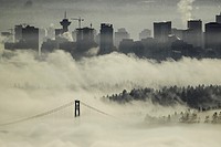 Lions Gate bridge view from Cypress mountain lookout  In the fog  Vancouers Highrises in the background