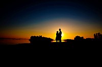 Silouette of couple standing by the shore with the sun setting in background of couple standing by the shore with the sun setting in background