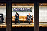 Two Men Seated on a Bench, waiting for a #6 Subway Train, 59th and Lexington Avenue Station, Manhattan, New York City