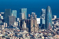Spain , Catalunya Region , Barcelona City,Diagonal Mar Skyline , Sagrada Familia and Agbar Tower