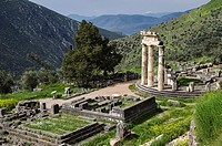 The circular Tholos at the Temple of Athena Pronaia, Ancient Delphi, Thessaly, Greece.