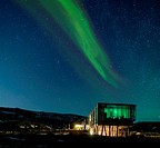 Aurora borealis over Hotel ION, located by Nesjavellir Power Plant, Iceland.