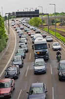Traffic jam at city motorway ""Stadtautobahn"" on a car free Sunday, Charlottenburg-Wilmersdorf district, Berlin, Germany, Europe - 01.06.2008.