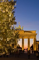 Christmas tree at Brandenburg Gate in the evening, Mitte district, Berlin, Germany, Europe.