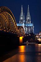 Europe, Germany, Cologne, cathedral and Hohenzollern bridge dusk.