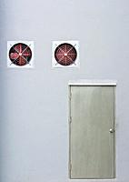 A pair of red industrial ventilated fan on grey wall with a stainless steel door as background.