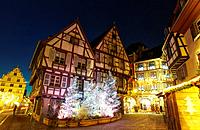 Christmas lights at the city center by night. Colmar. Wine route. Haut-Rhin. Alsace. France.