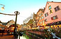 Christmas market and lights decoration at the city center. Colmar. Wine route. Haut-Rhin. Alsace. France.