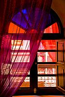 Window with curtains, Moroccan Riad, inside,upper gallery,Marrakech,Morocco.