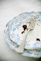 Detail of a fork and crumbs of a chocolate cake.
