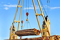 Ship mounted cranes lifting logs from dock onto log ship for transport to China; Port of Port Angeles, Washington USA.