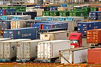 Cargo containers on trailers, parked at container ship terminal, Port of Tacoma, Washington.