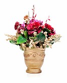 colorful flower bouquet from artificial flowers arrangement centerpiece in gold vase isolated on white background.