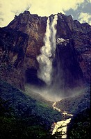 View from below of Angel Falls, the highest waterfall in the world leaping a 1000 meters from the summit of Auyantepuy. Canaima National Park, Bolivar...