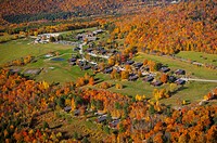 Aerial view of Trapp Family Lodge during peak foliage season, Stowe, Vermont, USA.