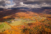 Aerial view of Trapp Family Lodge during peak foliage season, Stowe, Vermont, USA.