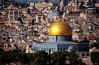 Classical panoramic view over the Dome of the Rock and Holy Sepulchre from Mount of Olives (Jerusalem).