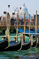 Gondolas, in the foreground and tourists in front of Salute Church, in the background, Venice, Italy.