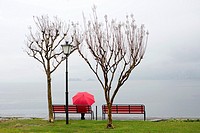 Woman sitting on a bench with a red umbrella on the lakefront in ascona ticino switzerland.