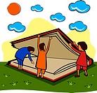Children opening a large book