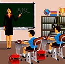 Female teacher with students in a classroom