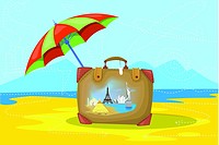 Illustrative image of luggage and umbrella representing insured world tour