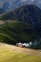 Steam train, Mount Snowdon, Snowdonia National Park, Gwynedd, Wales, United Kingdom.