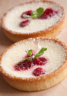 Delicious raspberry and custard tart decorated with fresh mint.