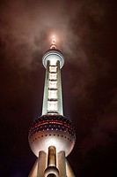 Landmark, Oriental Pearl Tower at night, Shanghai, China.