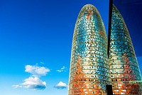 BARCELONA, SPAIN : Torre Agbar in the Poblenou neighborhood in Barcelona, Spain. Owned by the Agbar Group, it is a 38-story skyscraper / tower and a f...
