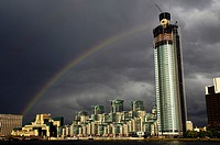 Rainbow over Vauxhall Tower and St George Wharf Building - London, England.