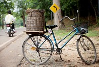 Bicycle from a fruit seller parked in the Angkor Archeological park in Cambodia.