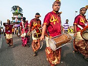 Drummers & percussion players leading a procession during the Thaipusam festival in KL, Malaysia