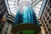 The AquaDom, the largest cylindrical aquarium in the world. It is located in the lobby of the Radisson Blu Hotel in Berlin-Mitte. Berlin, Germany, Eur...