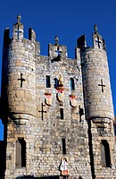 Shields of Arms of City of York, Plantaganet Royal Arms and lion´s head gargoyle on Mickelgate Bar grade 1 listed gatehouse in York city walls, north ...