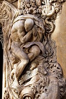 Atlanteans, alabaster figures in Baroque ceramic museum door of Valencia, Spain.