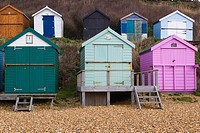 Sea coast with beach huts, Milford on Sea, Hampshire, South England, UK.