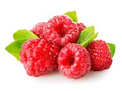 Raspberry with green leaf isolated on white.