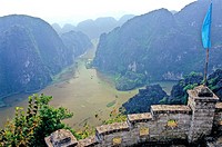 View from the top of Ngu Nhac Mountain over Tam Coc -Three Caves- . Ninh Bình Province, Vietnam.