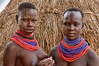 Karo girls with face paint in Kolcho on the Omo River, Ethiopia.