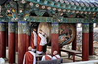 Drum ceremony performed by monks before the evening prayer at the buddhist temple of Haeinsa. South Korea, South Gyeongsang Province (Gyeongsangnam-do...