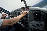 Cockpit and pilot of Otter floatplane, Prince Rupert, British Columbia.