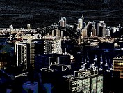 dark manipulated view of Sydney skyline and high rise buildings.