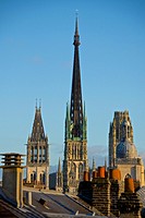 Cathedral Saint romanus tower, central lantern tower, butter tower and Gros Horloge dome, seen from roofs tops, Cathedral Notre Dame (12th c. ), exter...