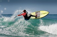 Paddle surfing. Tarifa, Cadiz, Costa de la Luz, Andalusia, Spain, Europe