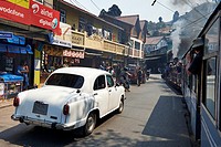 The Hindustan Ambassador, a car manufactured by Hindustan Motors of India, seen from the Darjeeling Toy Train.
